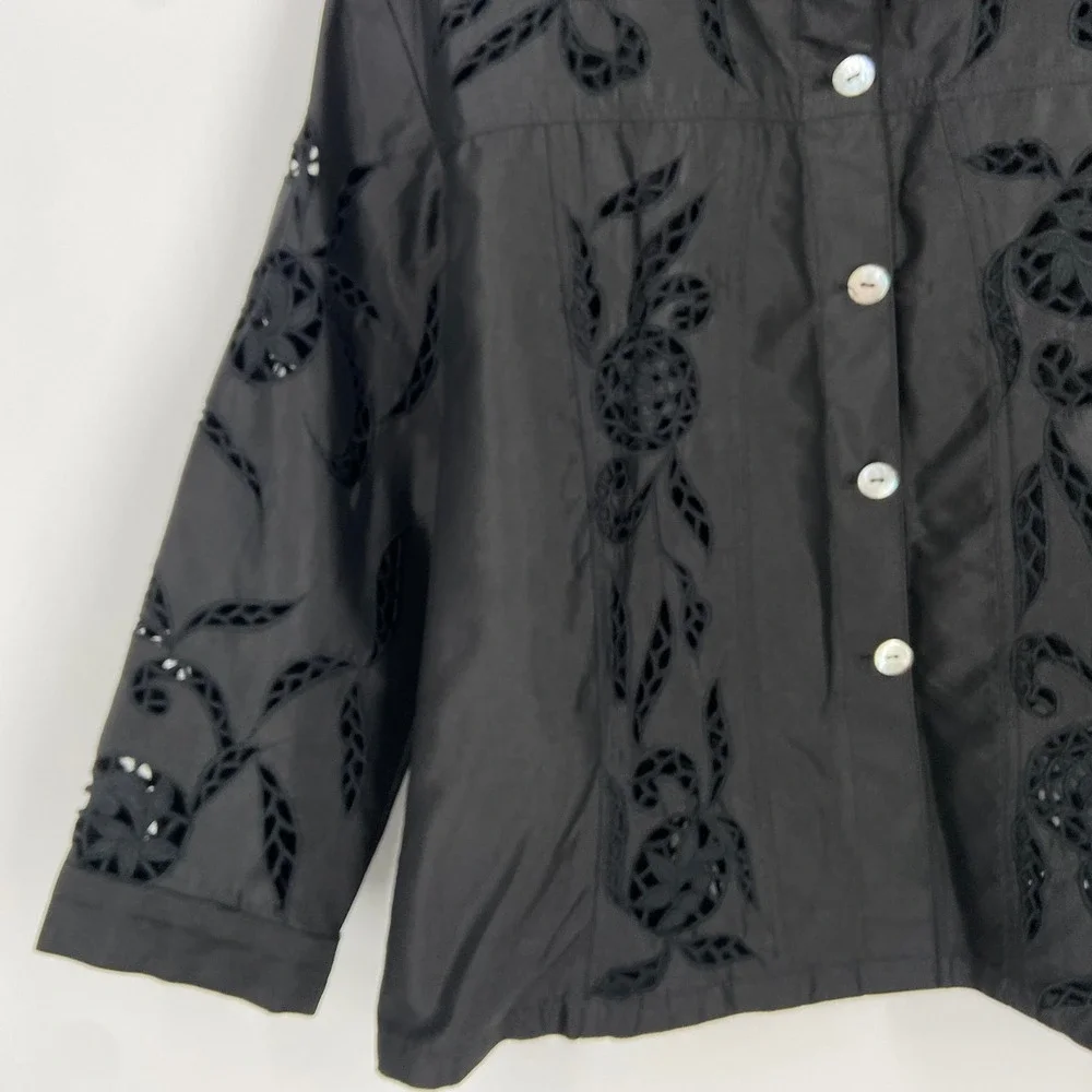 Zena Beverly‎ Hills Black Silk Embroidered Cutout Jacket Women Size 3 L/XL